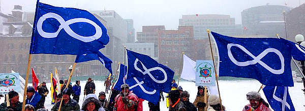 Métis flags at rally on Parliament Hill for opening of Parliament, January 28, 2013